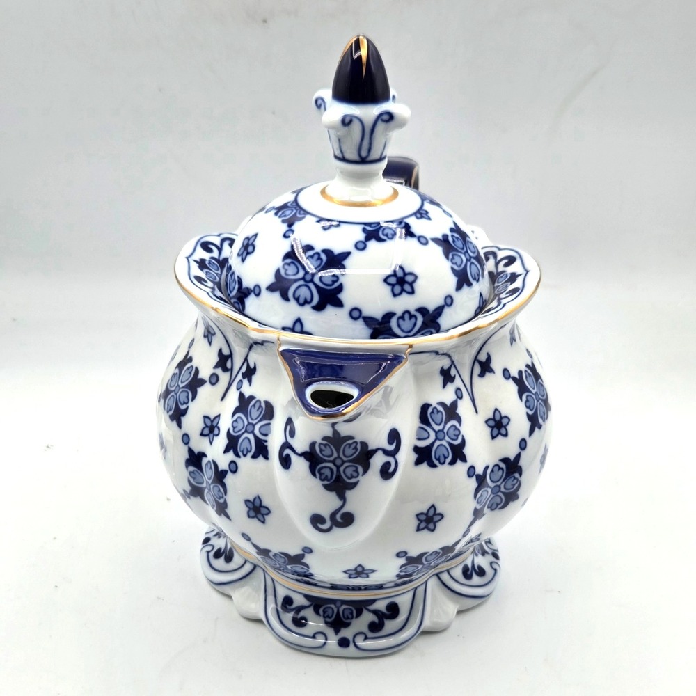 Bombay Summerhill Teapot Large Heavy Cobalt Blue & White Porcelain Gold Trim - Picture 4 of 10